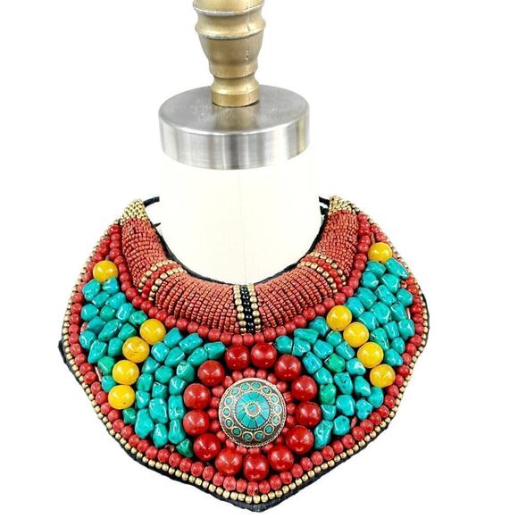 Tibetan Turquoise / Coral Beaded Neck Plate Bib  Necklace + Earrings - Picture 7 of 10